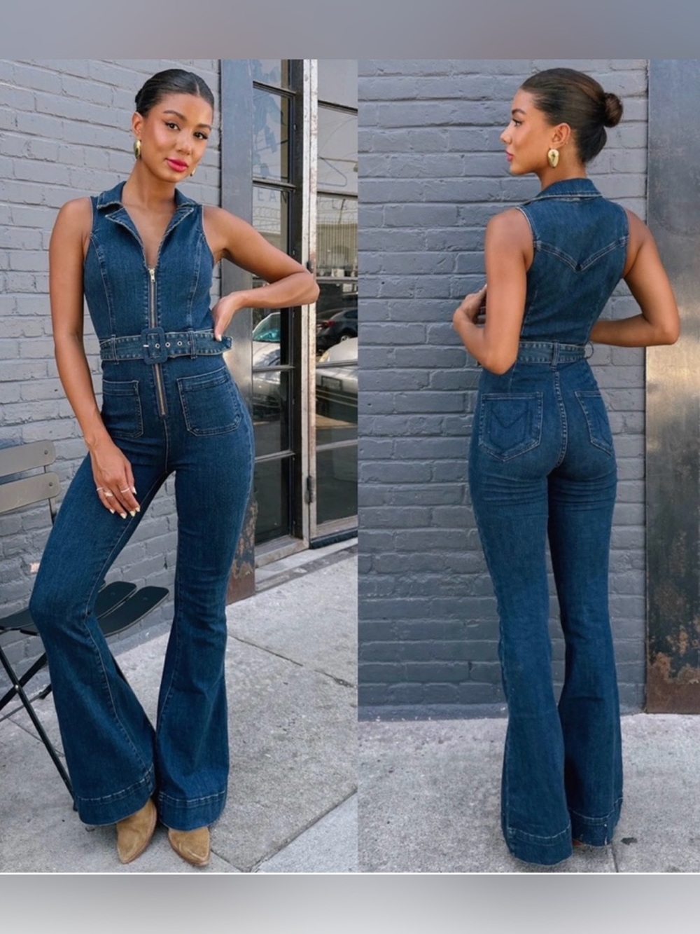 Show Me Your Mumu Jacksonville Denim Bell Bottom Jumpsuit Belted 70s Disco Flare - Picture 1 of 16